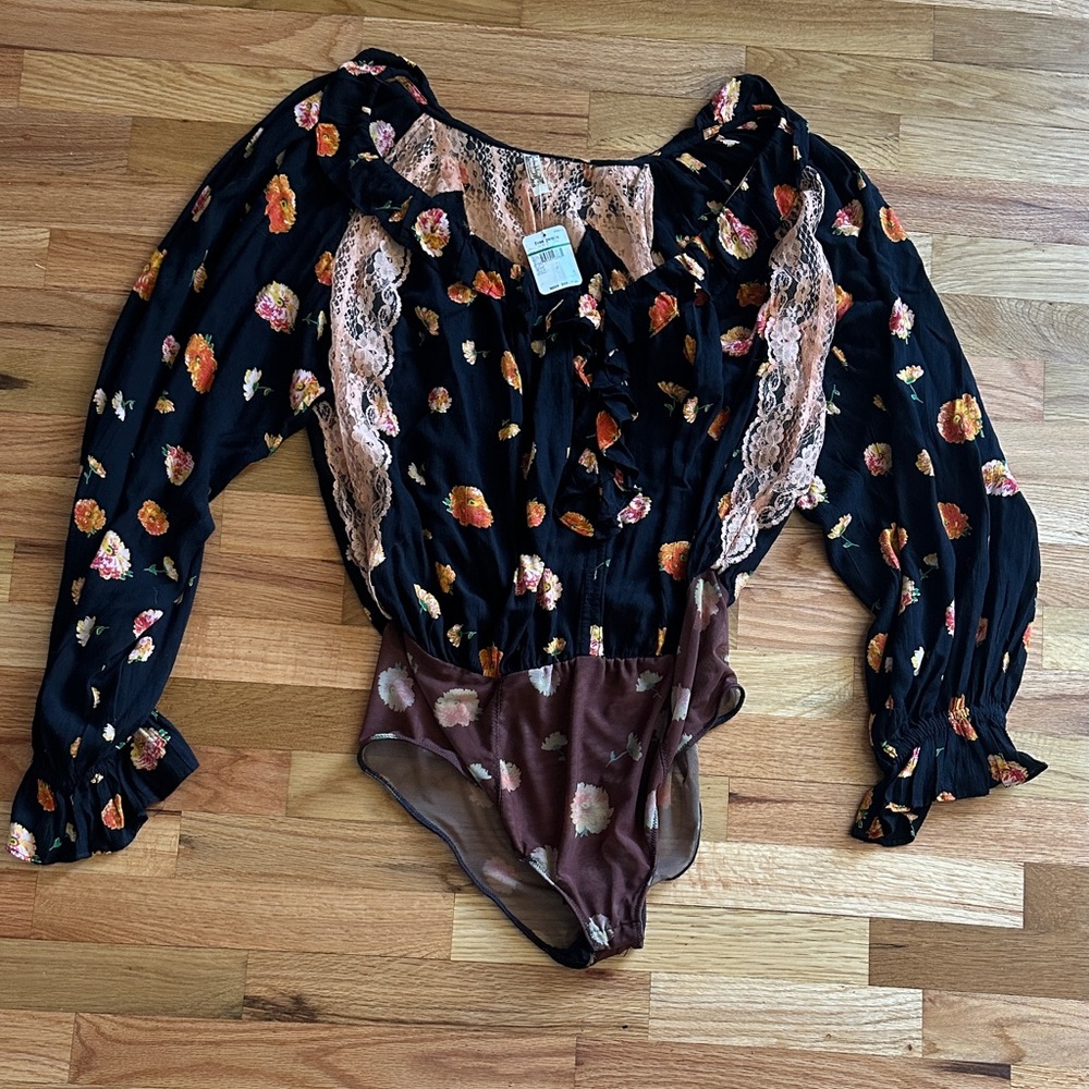 Free People Black Floral Lace Bodysuit